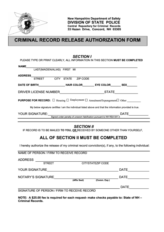 Fillable Criminal Record Release Authorization Form Printable pdf