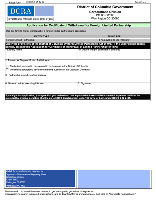 Fillable Application For Certificate Of Withdrawal For Foreign Limited Partnership - D.c. Department Of Consumer And Regulatory Affairs - 2009 Printable pdf