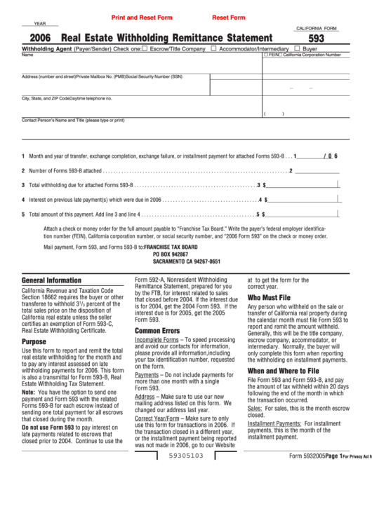 Fillable California Form 593 - Real Estate Withholding Remittance Statement - 2006 Printable pdf