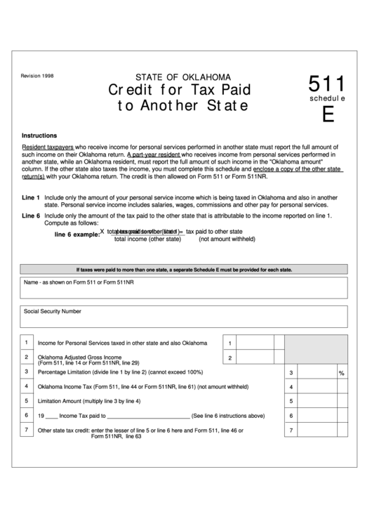 Fillable Form 511 - Schedule E - Credit For Tax Paid To Another State - State Of Oklahoma Printable pdf