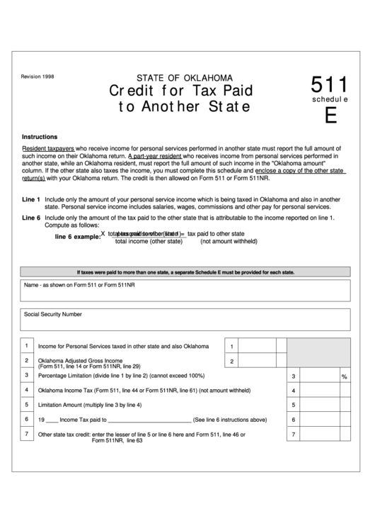 Fillable Form 511 Schedule E Credit For Tax Paid To Another State State Of Oklahoma