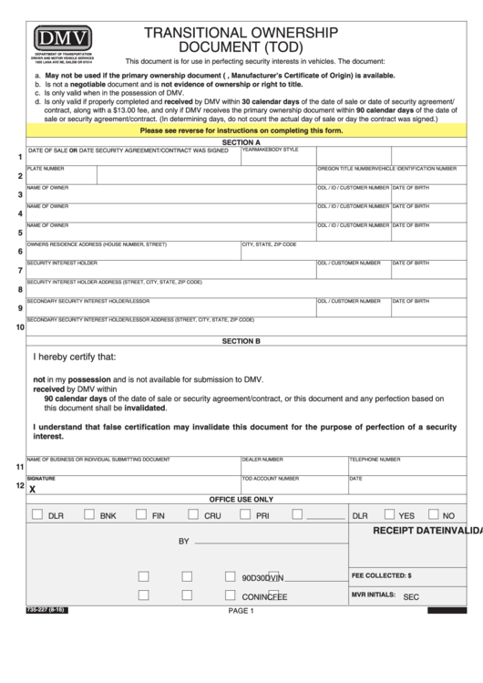 Form 735-227 - Transitional Ownership Document (Tod) Printable pdf