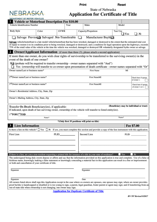 Fillable Form Rv-707 - Application For Certificate Of Title Printable pdf