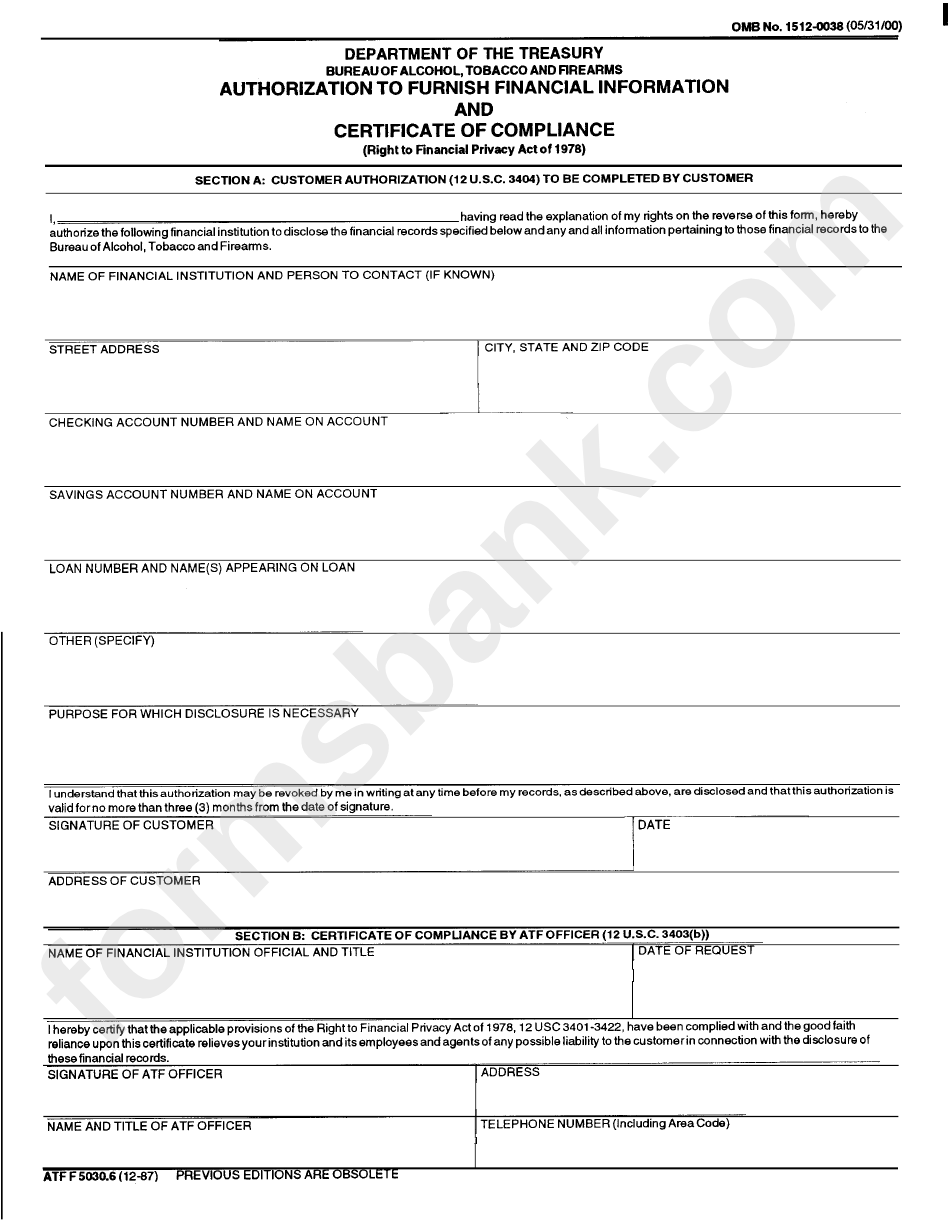 Form Atf F5030.6 - Authorization To Furnish Financial Information And Certificate Of Compliance