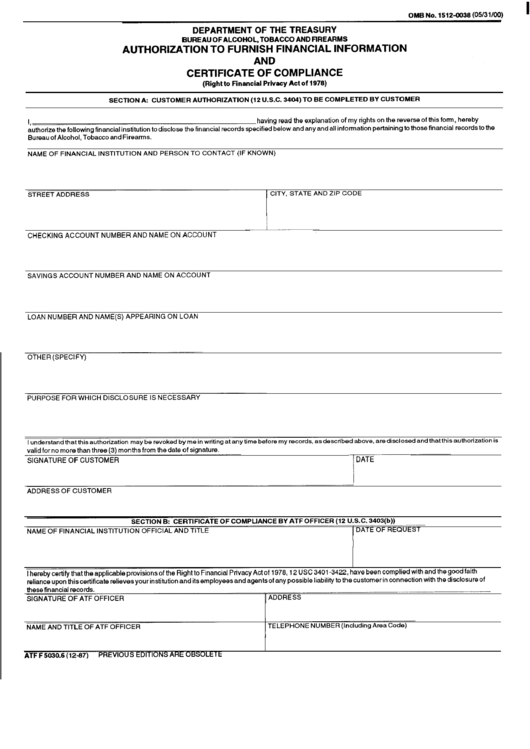 Form Atf F5030.6 - Authorization To Furnish Financial Information And Certificate Of Compliance Printable pdf