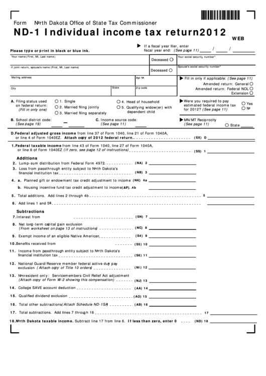 Fillable Form Nd-1 - Individual Income Tax Return - 2012 Printable pdf