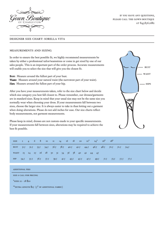 Designer Size Chart: Sorella Vita - Gown Boutique Of Charleston Printable pdf