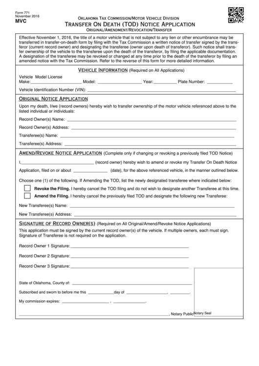 Form 771 - Transfer On Death (tod) Notice Application