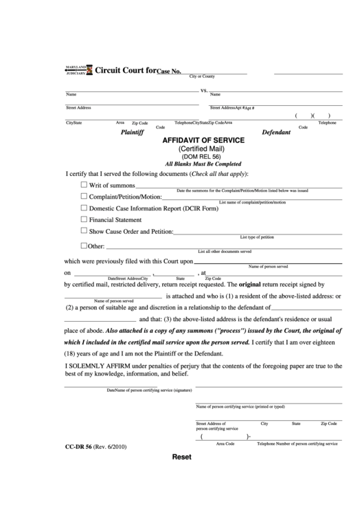 Fillable Form Cc-Dr 56 - Affidavit Of Service - Maryland Judiciary Printable pdf
