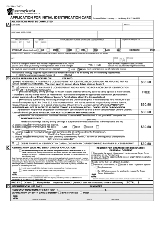 Fillable Form Dl-54a - Application For Initial Identification Card - Pennsylvania Department Of Transportation Printable pdf