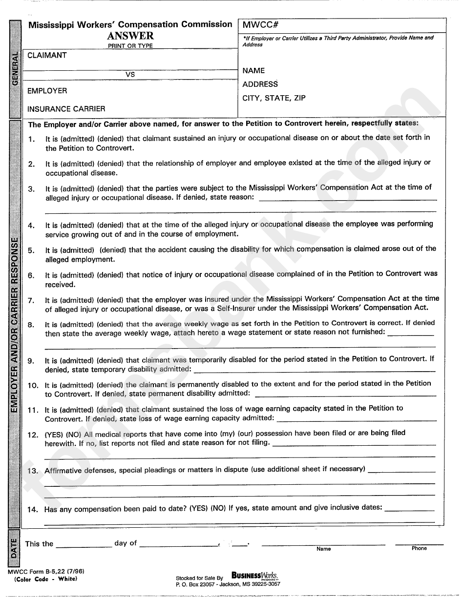 Mwcc Form B-5,22 - Answer - Mississippi Workers