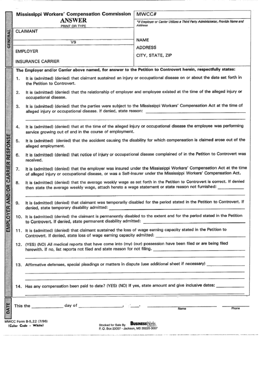 Mwcc Form B-5,22 - Answer - Mississippi Workers