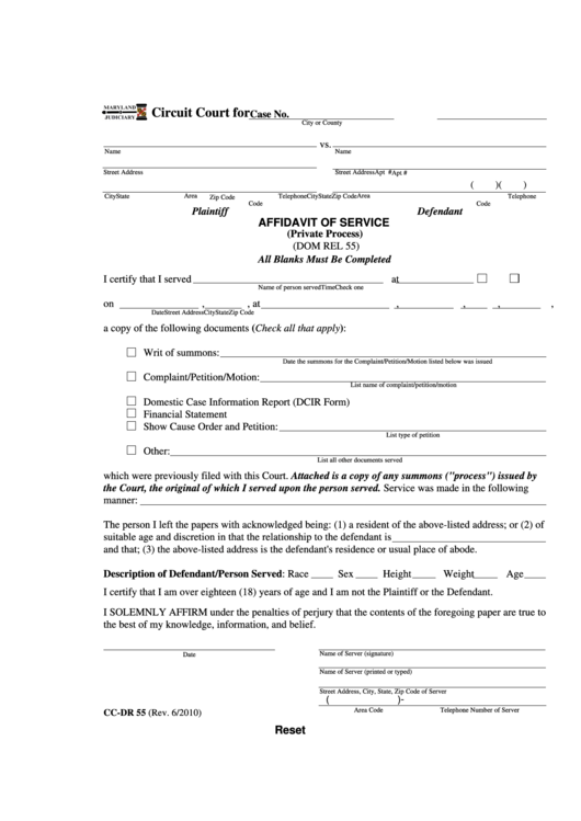 Form Cc-dr 55 - Affidavit Of Service - Maryland Judiciary