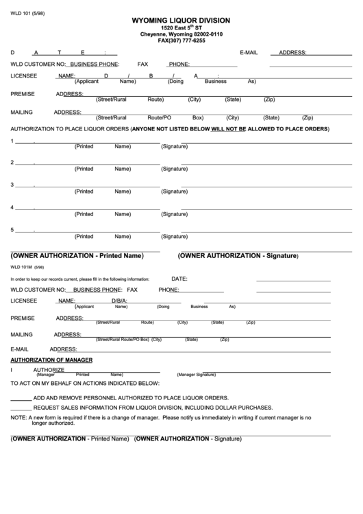 Form Wld 101 - Wyoming Liquor Division Printable pdf