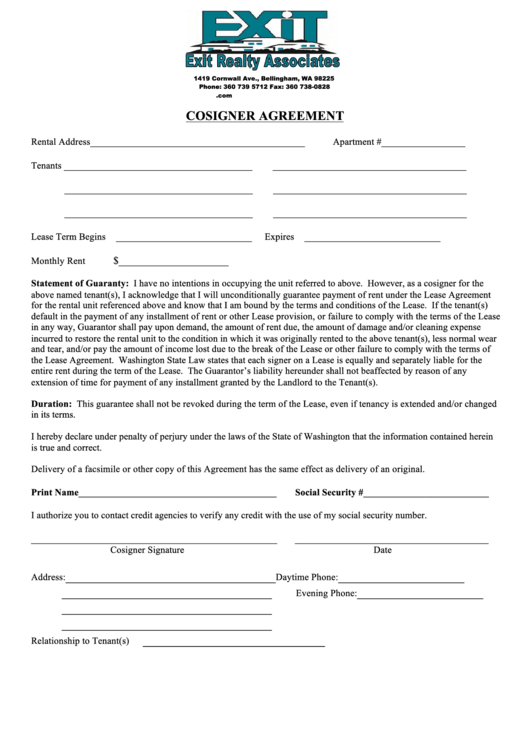 Cosigner Agreement Form Realty printable pdf download