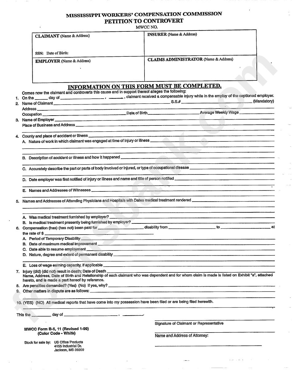 Mwcc Form B-5, 11 - Petition To Controvert - Mississippi Workers ...