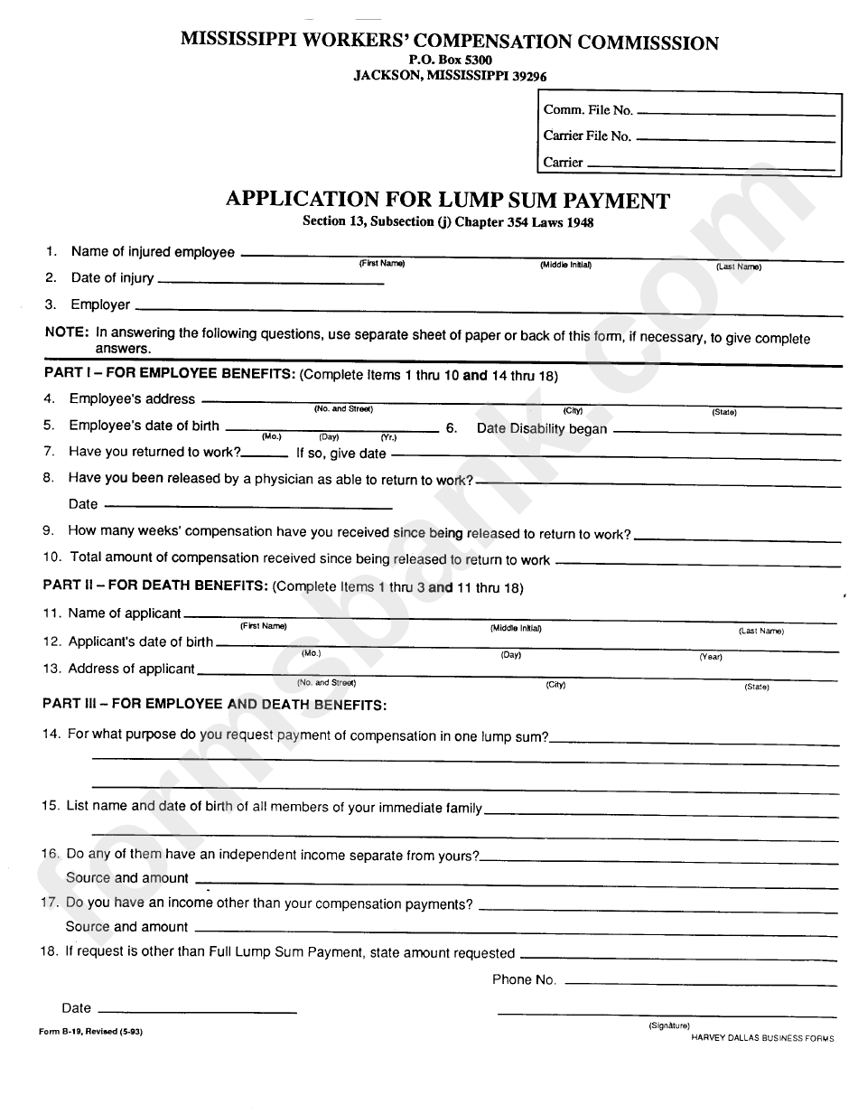 Form B-19 - Application For Lump Sum Payment - Mississippi Workers