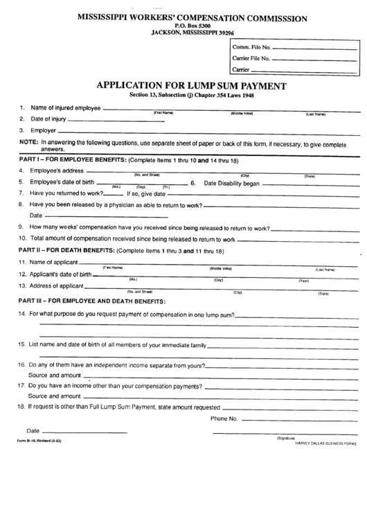Form B-19 - Application For Lump Sum Payment - Mississippi Workers