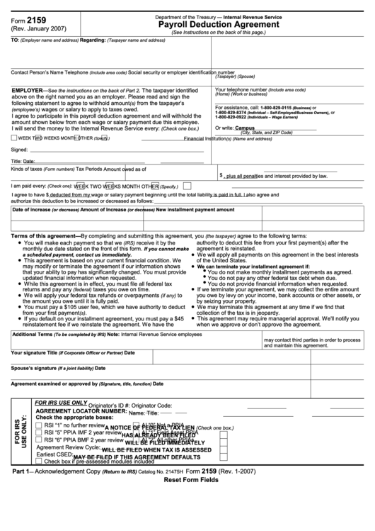 Form 2159 - Payroll Deduction Agreement - Department Of The Treasury - 2007