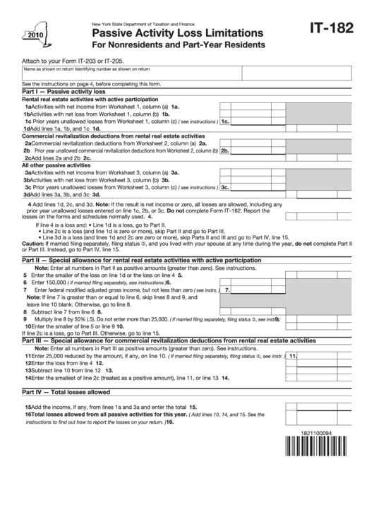 Fillable Form It-182 - Passive Activity Loss Limitations (Nonresidents And Part-Year Residents) - New York State Department Of Taxation - 2010 Printable pdf