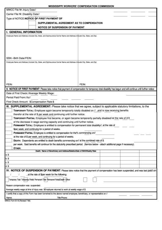 Mwcc Form B-18 - Notice Form - Mississippi Workers