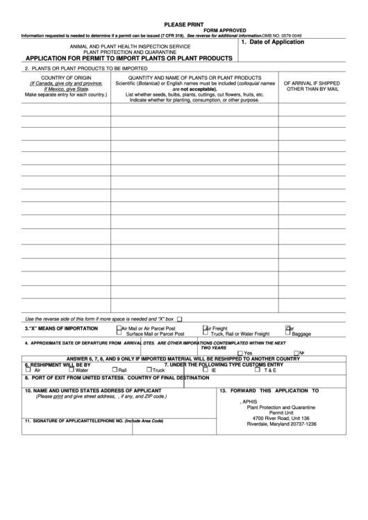 Fillable Application For Permit To Import Plants Or Plant Products - Department Of Agriculture Printable pdf