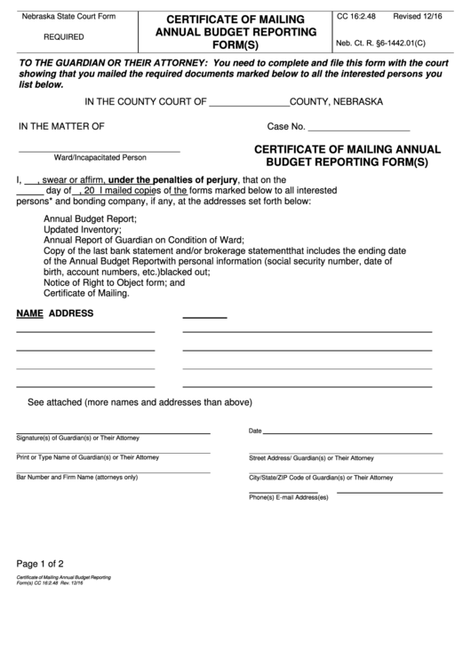 Fillable Form Cc 16:2.48 - Certificate Of Mailing Annual Budget Reporting Form(S) - Nebraska State Court Form Printable pdf
