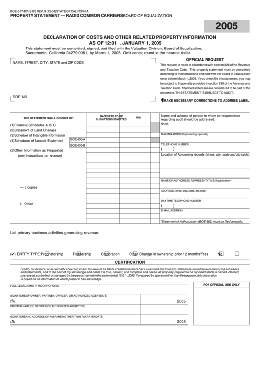 Fillable Form Boe-517-Rc - Property Statement - Radio Common Carriers - California Board Of Equalization - 2005 Printable pdf