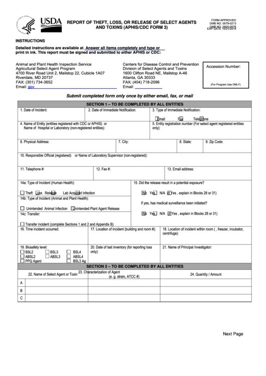 Fillable Aphis/cdc Form 3 - Report Of Theft, Loss, Or Release Of Select Agents And Toxins - Department Of Health And Human Services Printable pdf