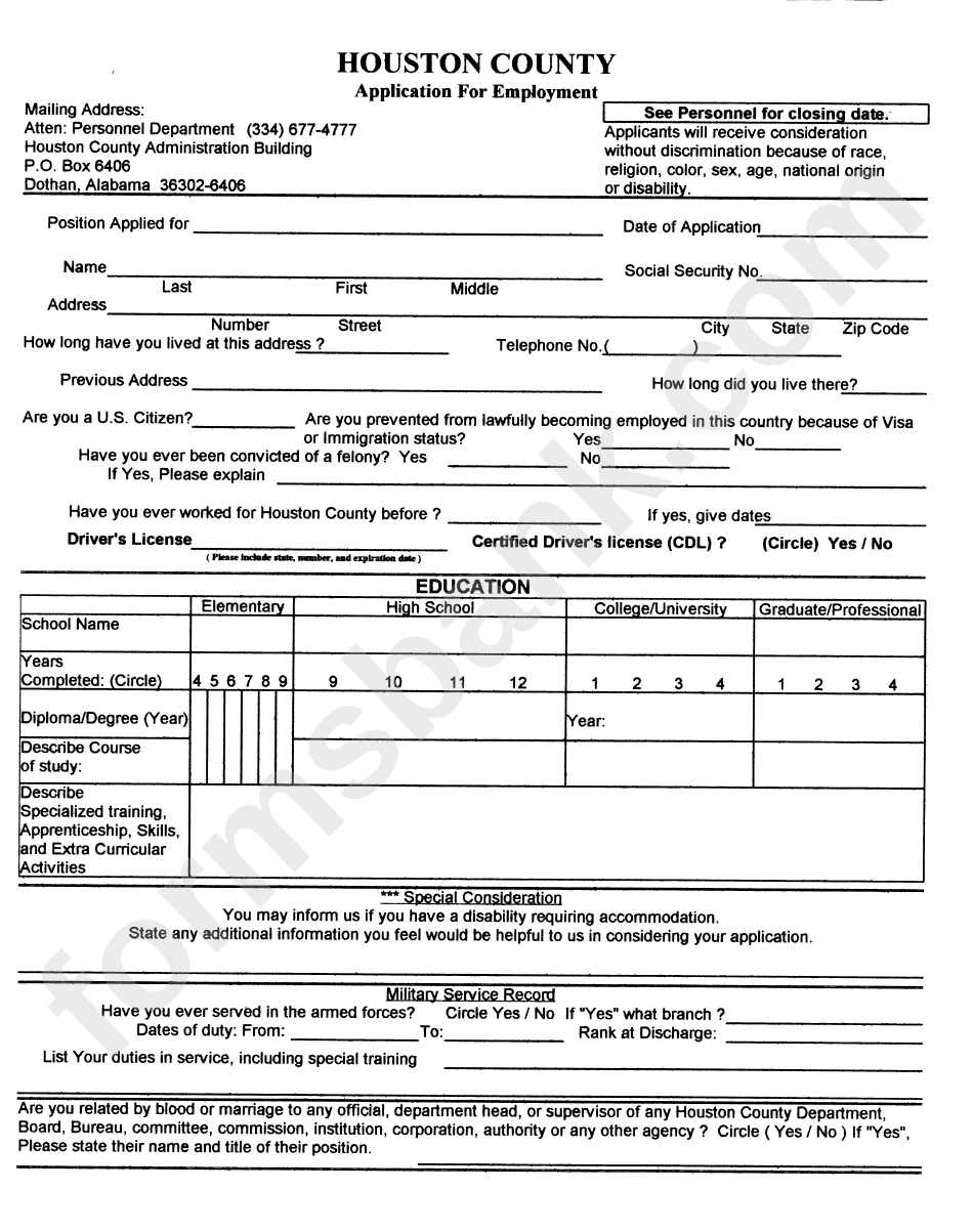 Application For Employment - Houston County