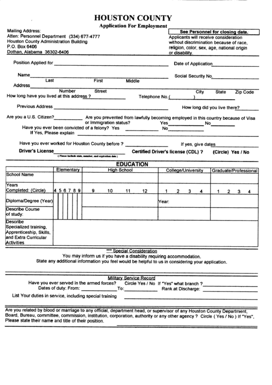 Application For Employment - Houston County Printable pdf