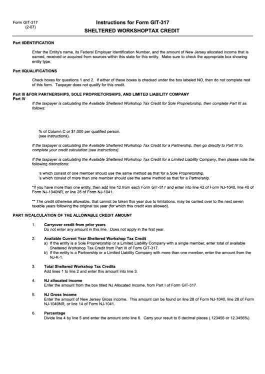 Instructions For Form Git-317 - Sheltered Workshop Tax Credit Printable pdf