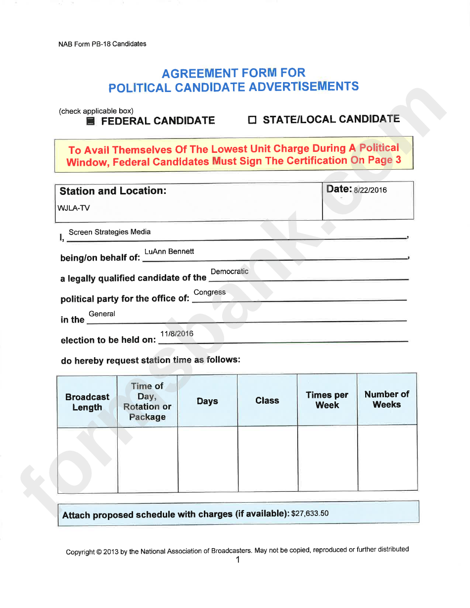 Nab Form Pb-18 - Agreement Form For Political Candidate Advertisements