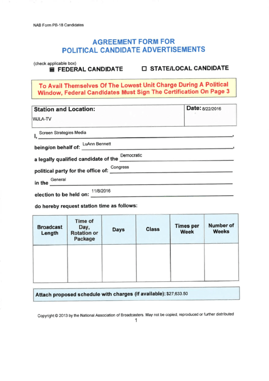 Nab Form Pb-18 - Agreement Form For Political Candidate Advertisements Printable pdf