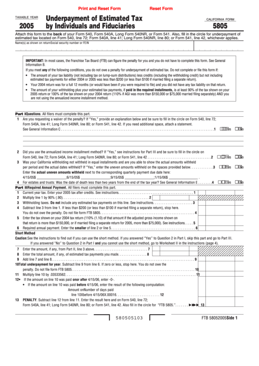 Fillable California Form 5805 - Underpayment Of Estimated Tax By Individuals And Fiduciaries - 2005 Printable pdf
