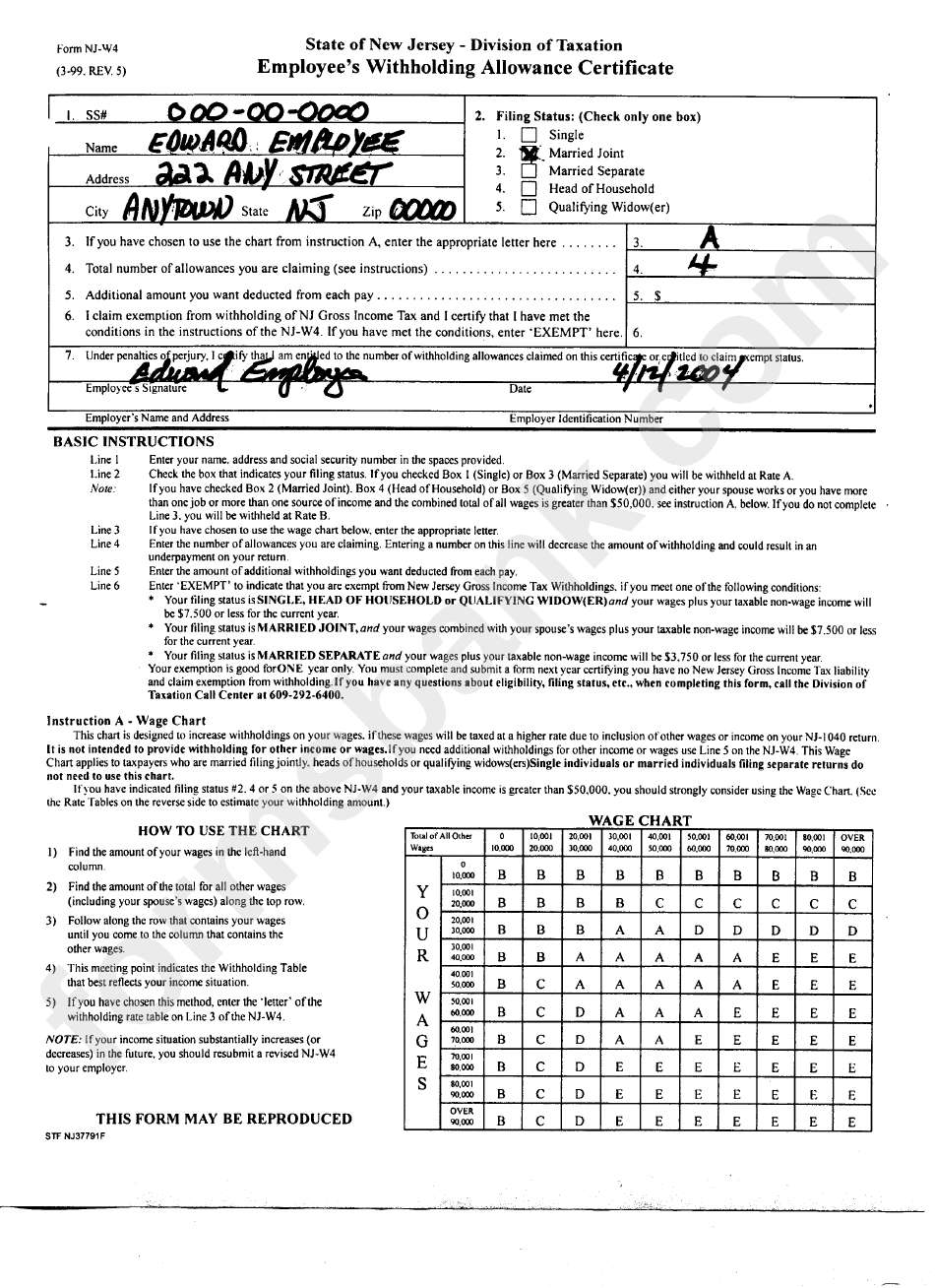 Form NjW4 Example Employee'S Withholding Allowance Certificate New