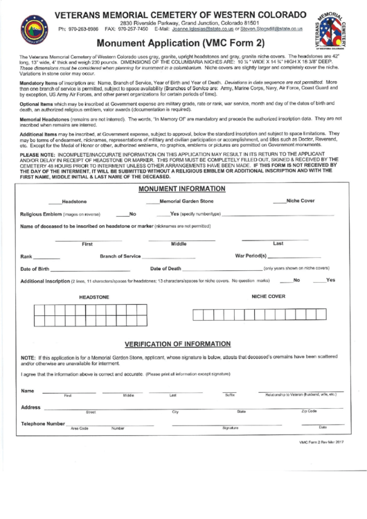 Vmc Form 2 - Monument Application - Veterans Memorial Cemetery Of Western Colorado Printable pdf