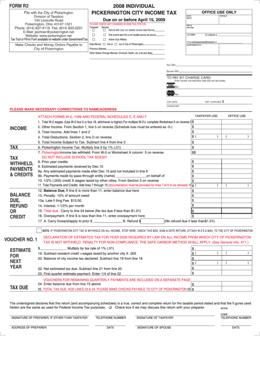 Fillable Form R2 - Individual Pickerington City Income Tax - 2008 Printable pdf