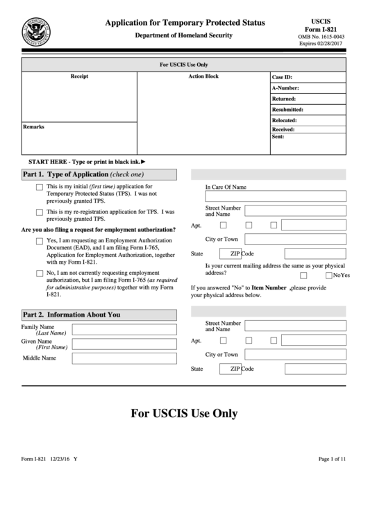 Fillable Form I-821 - Application For Temporary Protected Status - U.s. Citizenship And Immigration Services Printable pdf