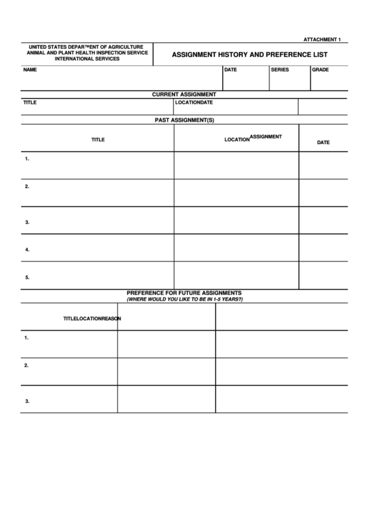 Is Form 1 - Assignment History And Preference List - U.s. Department Of Agriculture Printable pdf