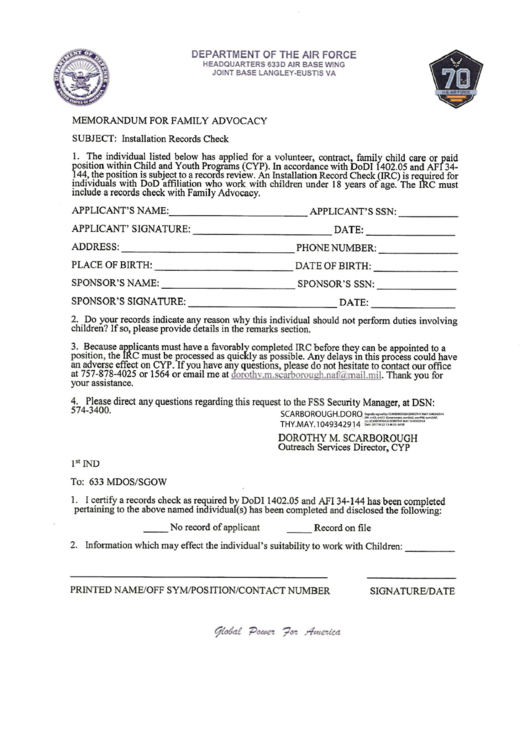 Af Form 3429 - Memorandum For Family Advocacy Printable pdf