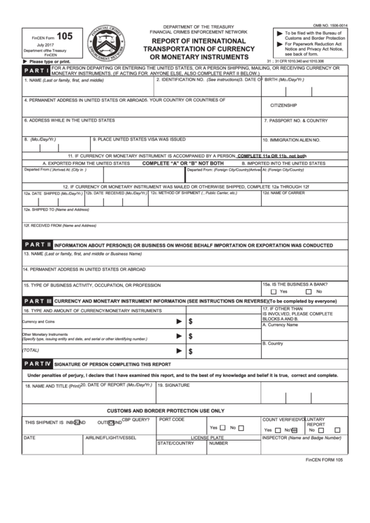 Form 105 - Report Of International Transportation Of Currency Or Monetary Instruments