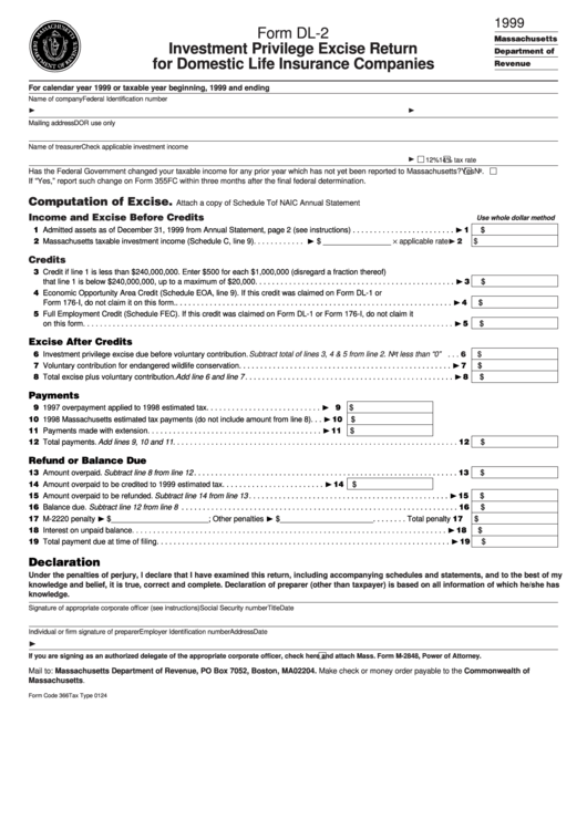 Form Dl-2 - Investment Privilege Excise Return For Domestic Life Insurance Companies - 1999 Printable pdf
