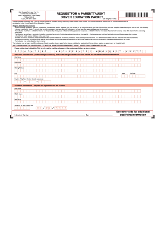Form Dl-92 - Request For A Parent Taught Driver Education Packet Printable pdf