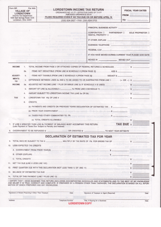 Form Br - Lordstown Income Tax Return Printable pdf
