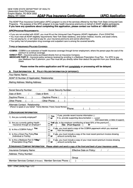 Form Doh-2794c - Adap Plus Insurance Continuation (Apic) Application Printable pdf
