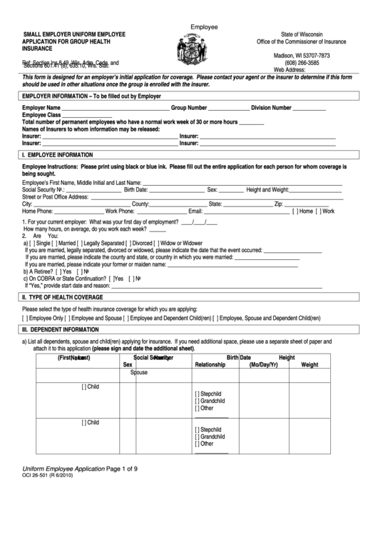 Form Oci 26-501 - Uniform Employee Application Printable pdf
