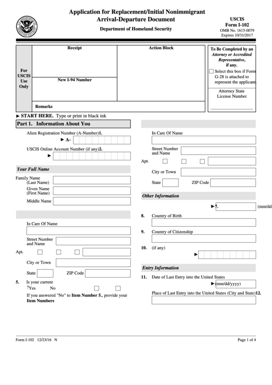 Fillable Form I-102 - Application For Replacement/initial Nonimmigrant Arrival-Departure Document - U.s. Citizenship And Immigration Services Printable pdf