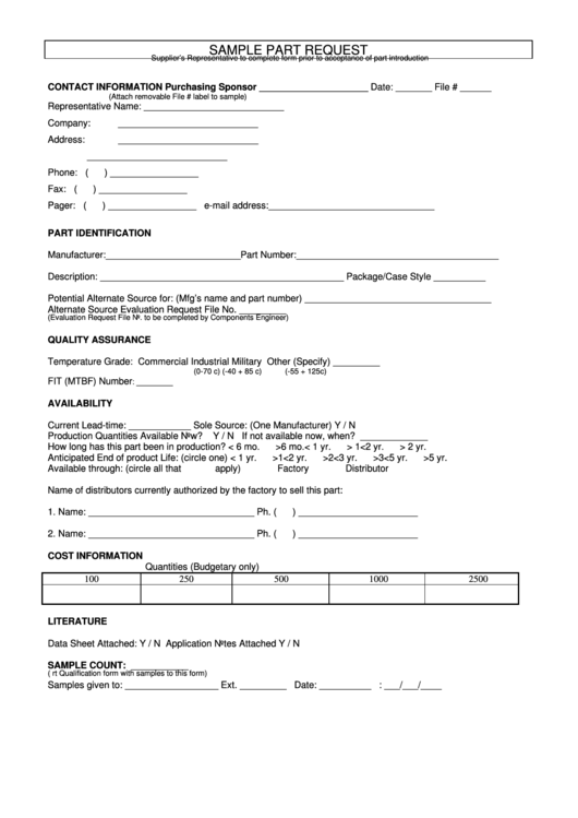 Sample Part Request Printable pdf