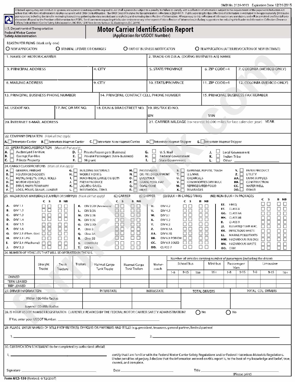Form Mcs-150 - Motor Carrier Identification Report - U.s. Department Of Transportation
